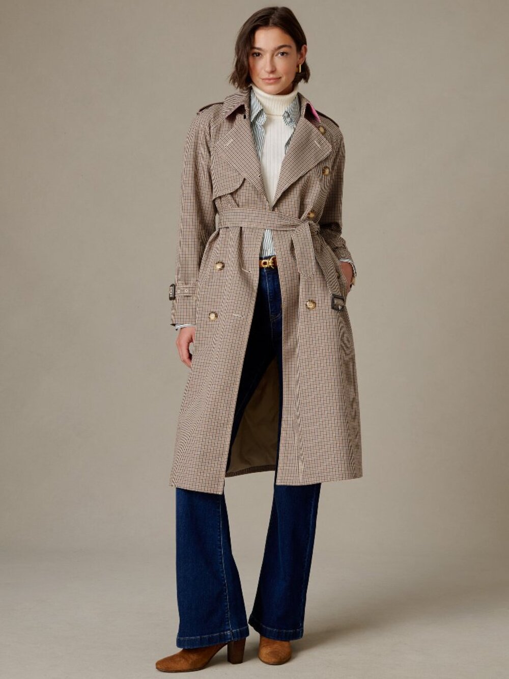 J McLaughlin Campbell Trench Coat in Check - Khaki/Brown NEW